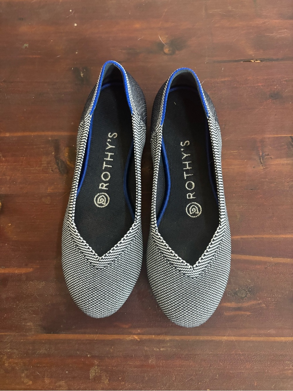 Rothy's Black & White Knit Pointed Ballet Flats with Blue Trim